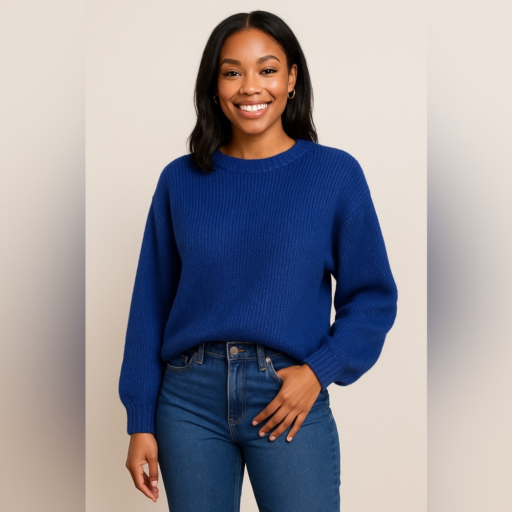 Ghanda Everly Baddie Blue Balloon Sleeve Wool Blend Sweater Sz M NWT $65